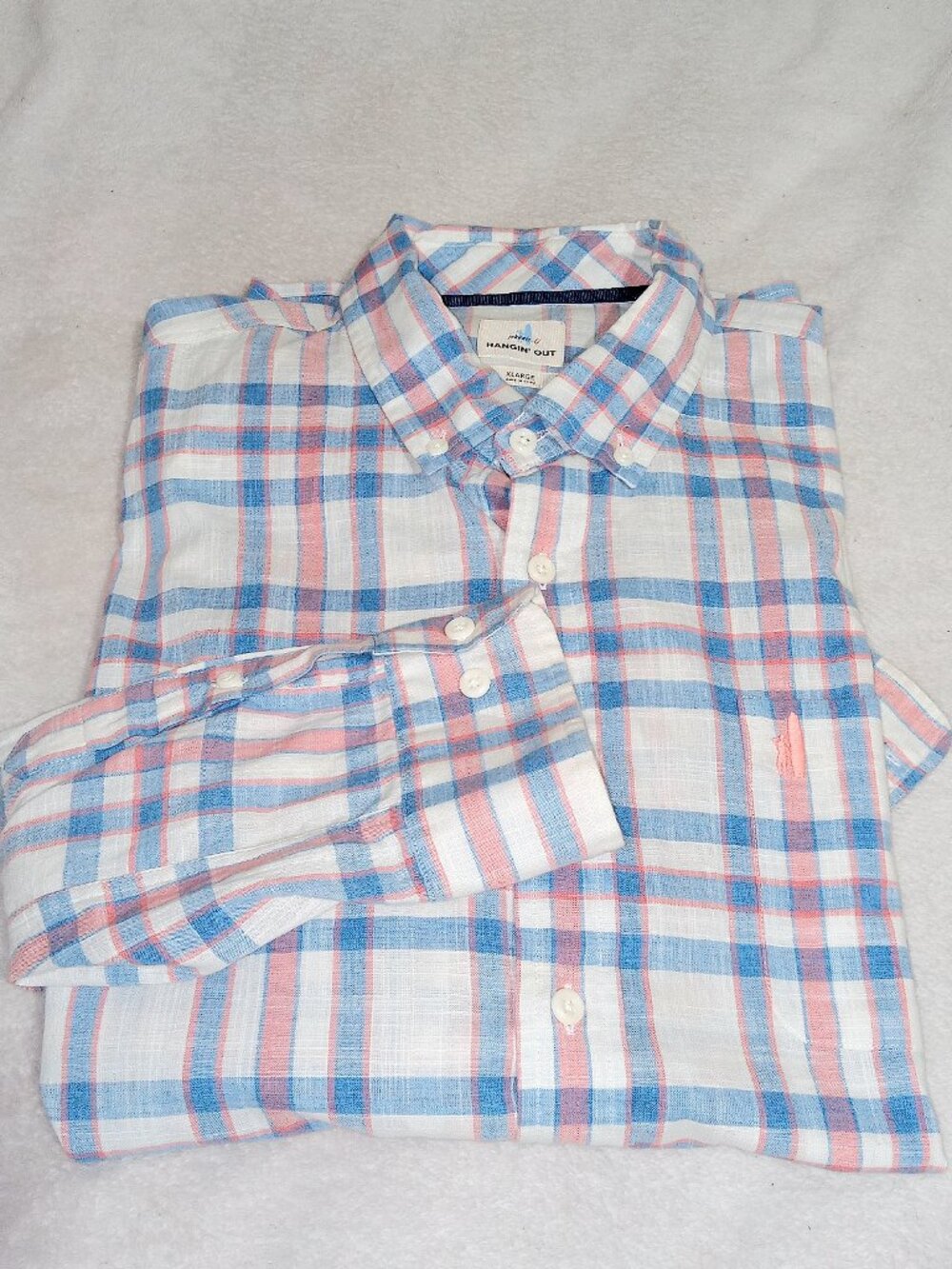 Johnnie-O Hangin' Out Shirt Mens XL Plaid Button Down Blue Coral Cotton